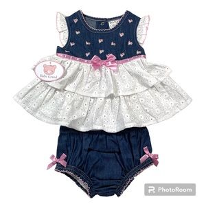 NWT Baby Grand Embroidered Chambray Eyelet Ruffle Dress with Bloomers Size 3-6M